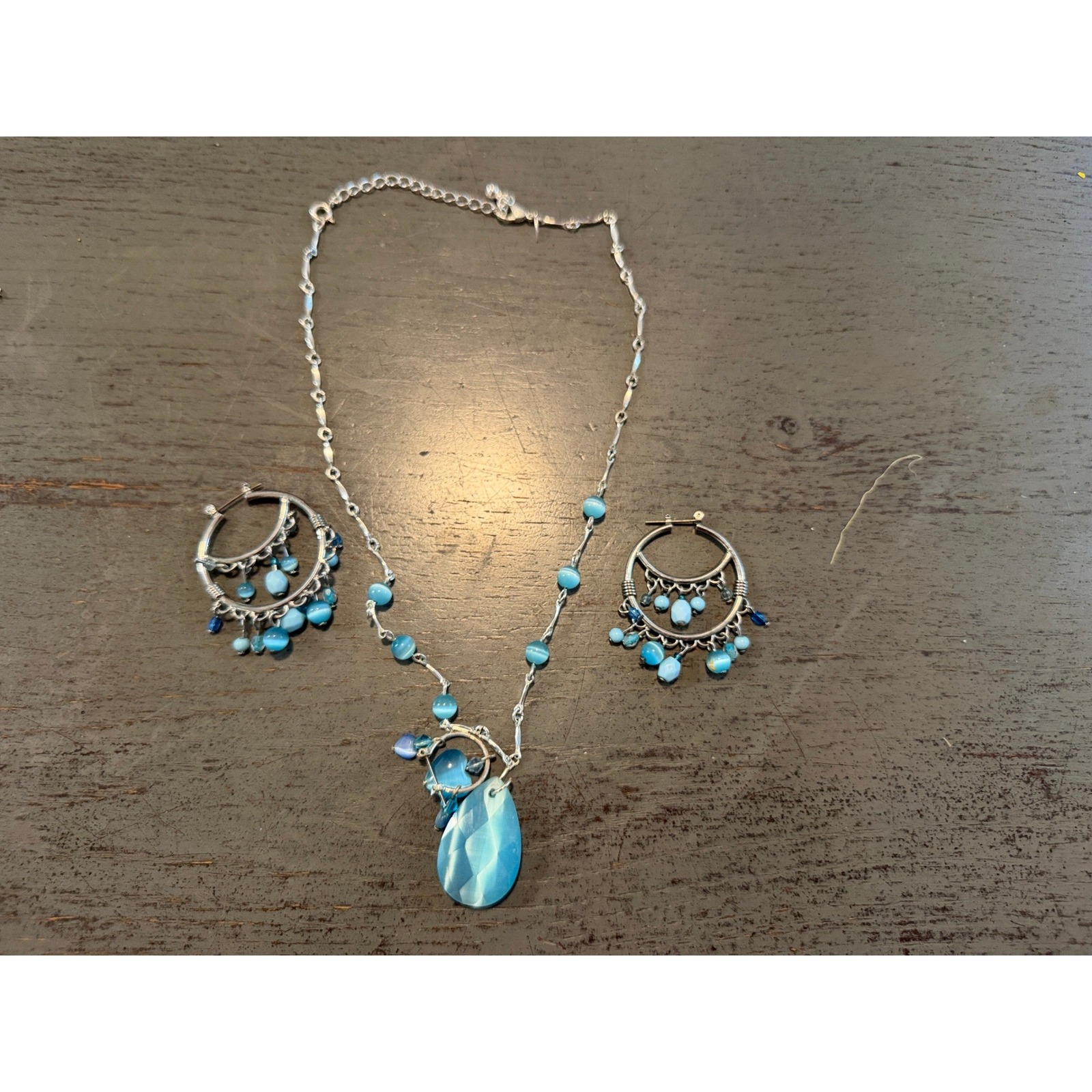 Vintage Blue Cats Eye Jewelry Set Silver Tone Necklace And Chandelier Earrings